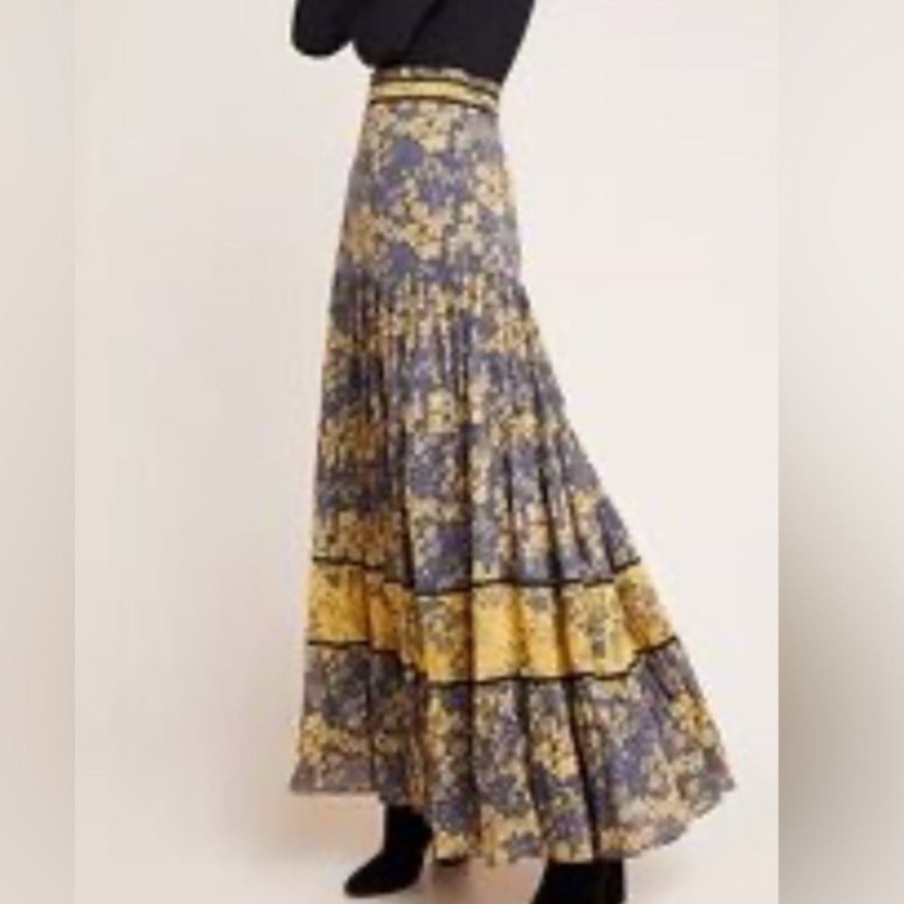 Carolina K Yellow Gray Midnight Floral Print Cotton Maxi Skirt S
